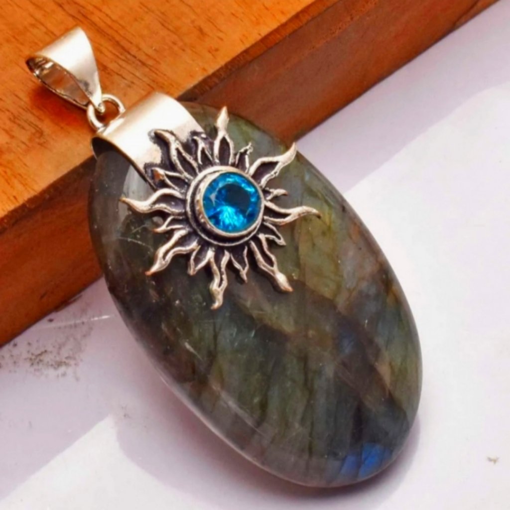 Huge Labradorite And Blue Topaz Gemstone Pendant